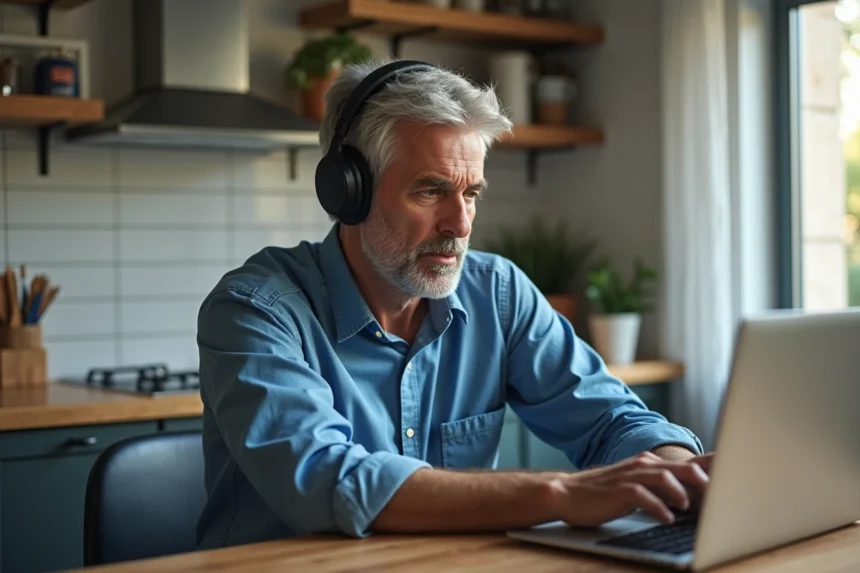 Homme d'âge moyen en cuisine moderne écoute Radio Gazelle sur son ordinateur