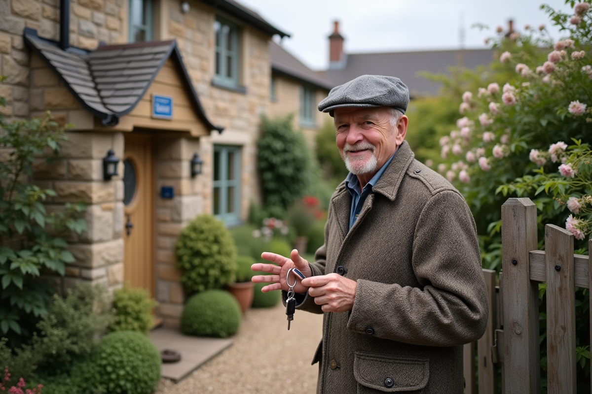 Homme âgé avec clés devant une maison de vacances en pierre