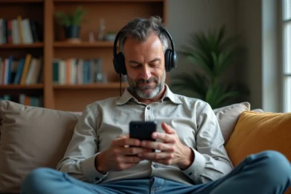 Homme d'âge moyen écoute audio sur smartphone avec casque