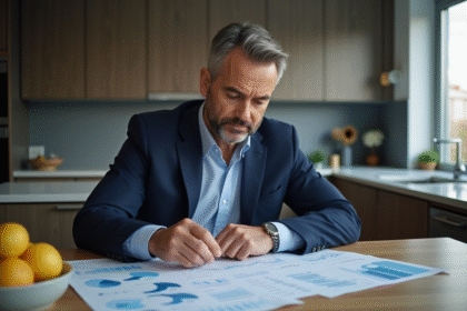 Homme d'affaires en costume bleu analysant des graphiques financiers