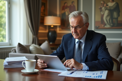 Homme d'affaires en costume examinant des documents financiers