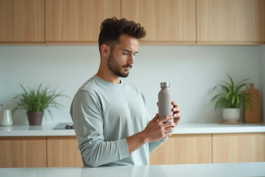 Jeune homme tenant une gourde Air Up dans une cuisine moderne, réfléchissant à l'achat avec un code promo en 2026