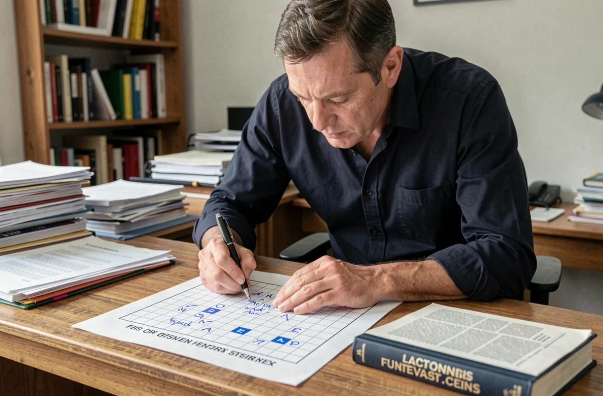Homme complétant une grille de mots fléchés avec un dictionnaire ouvert sur un bureau en bois