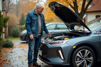 Homme d'âge moyen examine le moteur d'une voiture hybride