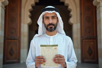 Homme en thobe blanc devant la mosquee de Douai tenant un calendrier de prières