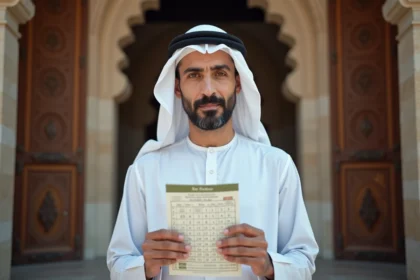 Homme en thobe blanc devant la mosquee de Douai tenant un calendrier de prières