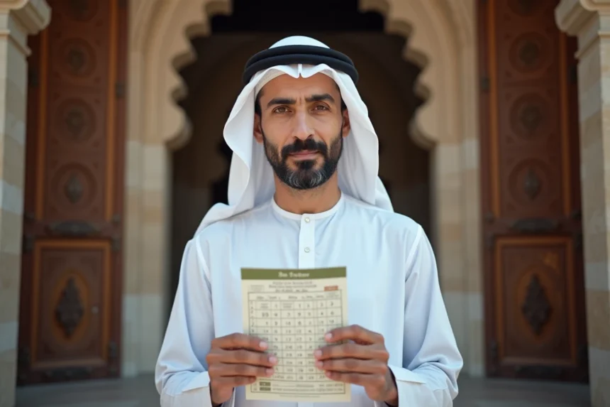 Homme en thobe blanc devant la mosquee de Douai tenant un calendrier de prières