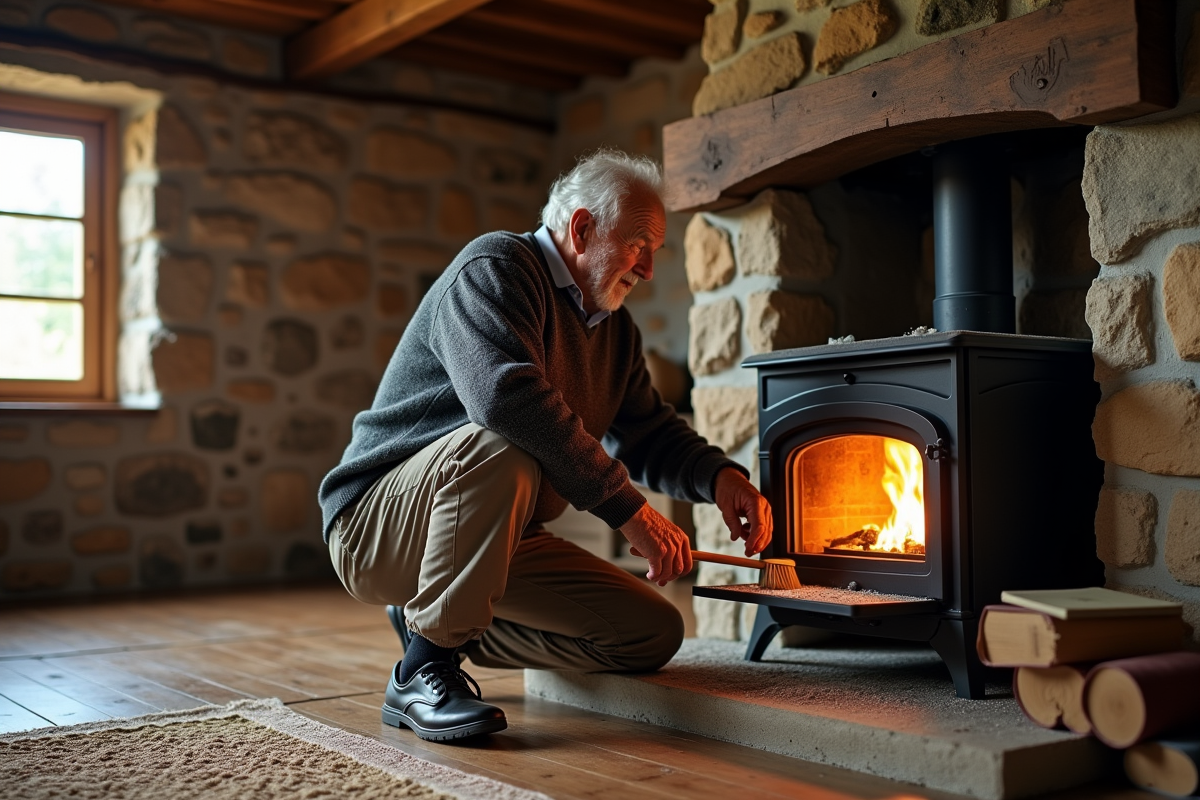 Homme nettoie la cendre d’un poêle dans un salon rustique ensoleille