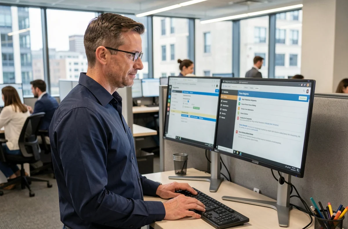 Homme consultant un tableau de bord de plateforme renommée dans un open space professionnel avec double écran