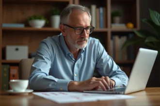 Homme d'âge moyen étudie tactiques de bridge sur son ordinateur