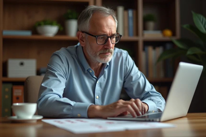 Homme d'âge moyen étudie tactiques de bridge sur son ordinateur