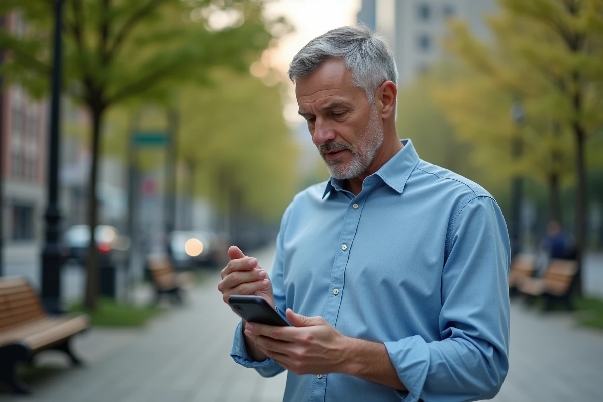 Homme dans un parc urbain examinant son smartphone