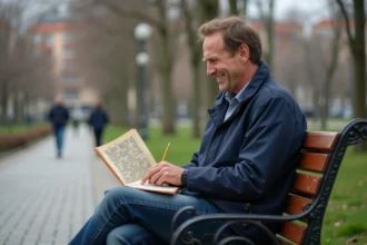 Homme d'âge moyen souriant avec puzzle dans un parc