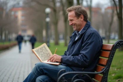 Homme d'âge moyen souriant avec puzzle dans un parc