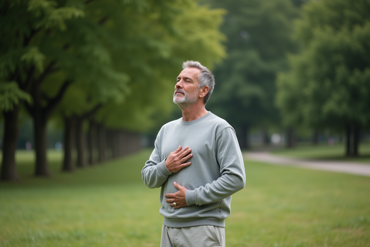 Homme pratiquant la respiration consciente en plein air