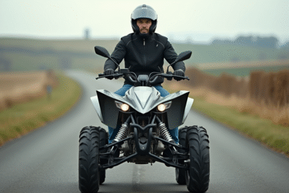 Homme en équipement de moto quad 500cc en campagne