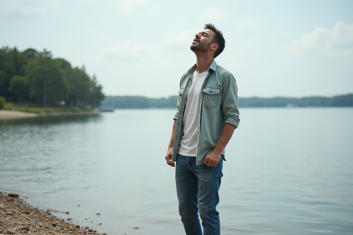 Homme debout au bord du lac en pleine détente en plein air