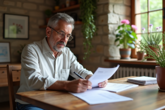 Homme d'âge moyen en chemise en lin consulte des documents fiscaux