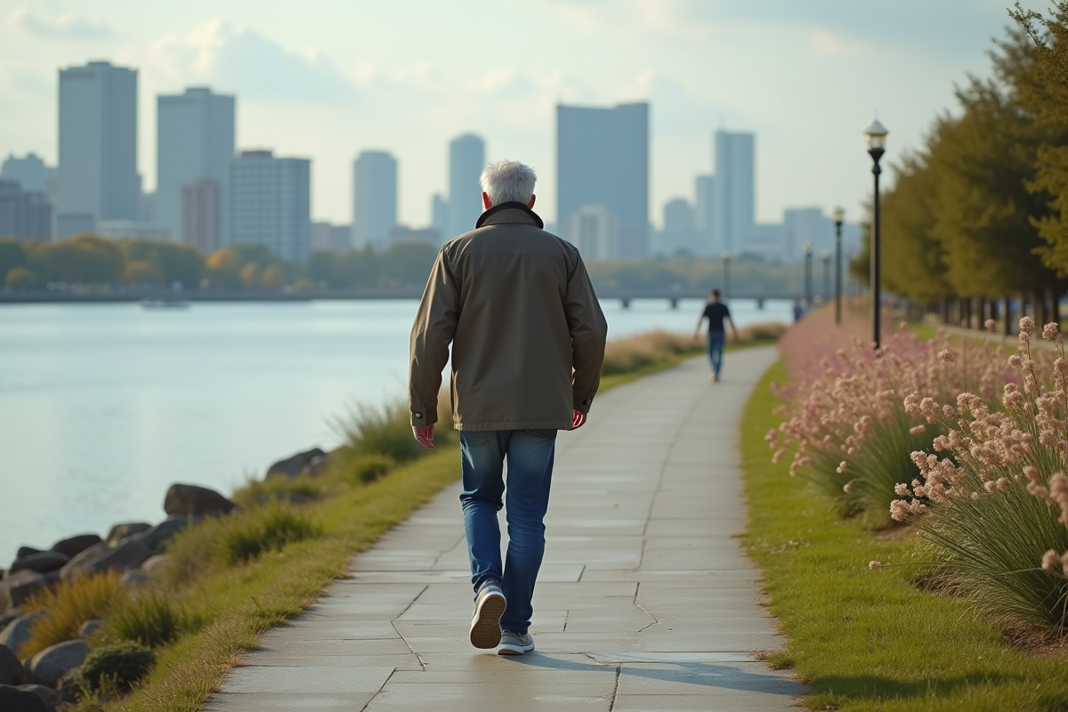 Homme marcheur le long d