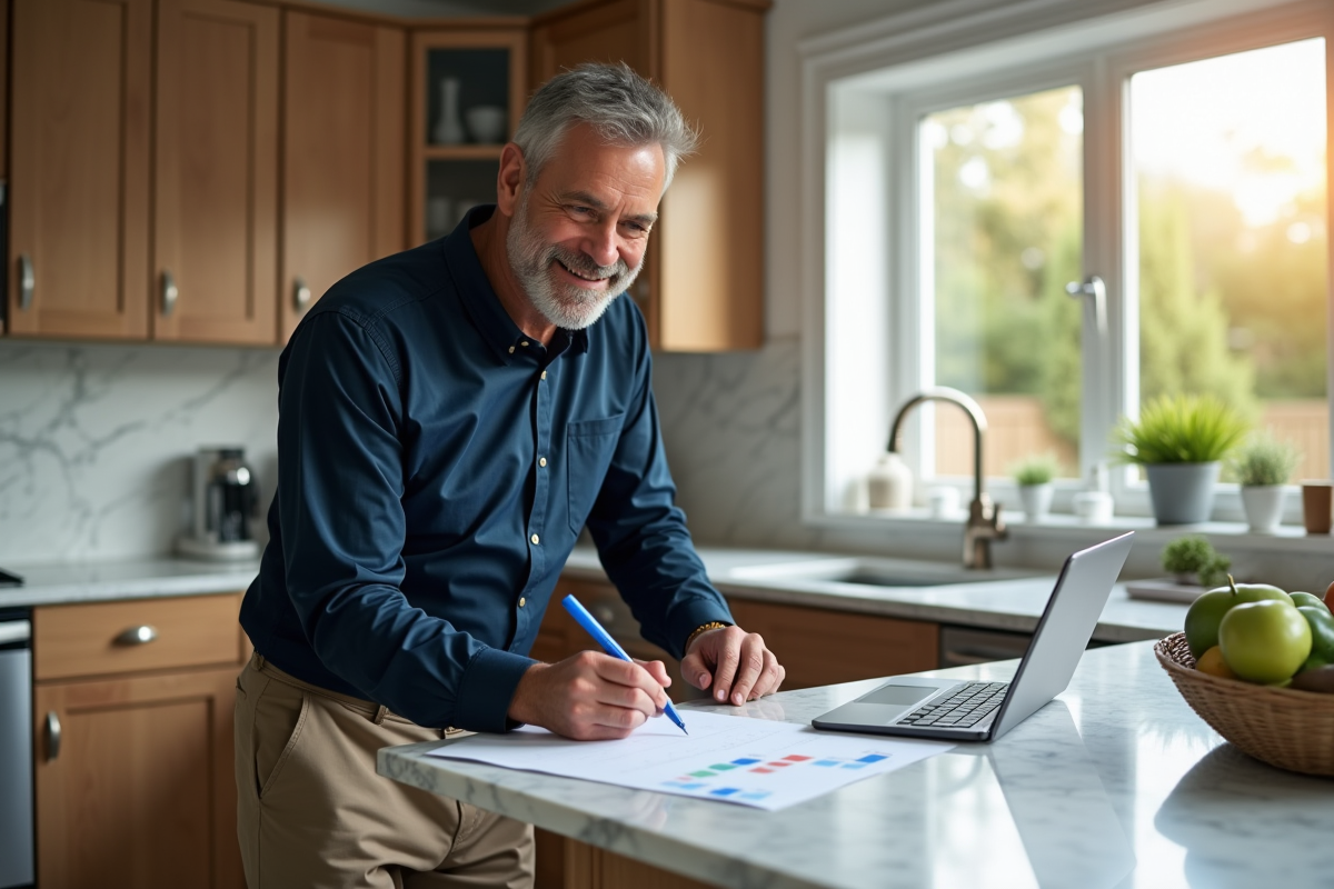 Homme remplissant un emploi du temps dans une cuisine lumineuse