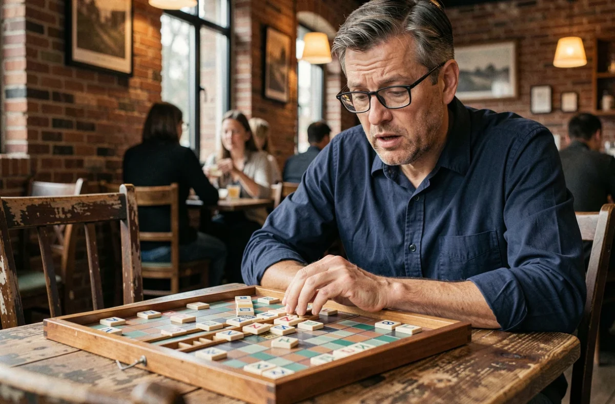 Homme aux lunettes de lecture analysant ses lettres de Scrabble avec la lettre Z dans un café rustique