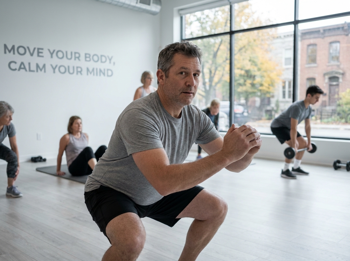Homme de 48 ans reprenant le sport en groupe dans un studio de fitness moderne et bienveillant