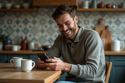 Homme souriant examinant un vieux téléphone Sony Ericsson dans la cuisine