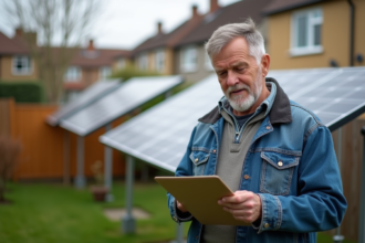 Homme vérifiant des panneaux solaires dans son jardin