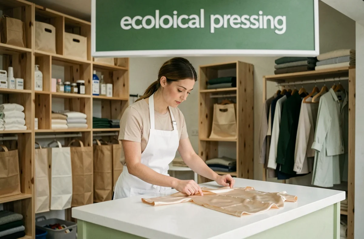 Employée d'un pressing écologique inspectant un vêtement délicat dans une boutique aux éléments naturels et éco-responsables