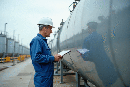Ingénieur en overalls inspectant une cuve à hydrogène en extérieur