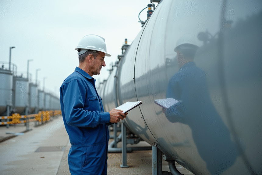 Ingénieur en overalls inspectant une cuve à hydrogène en extérieur
