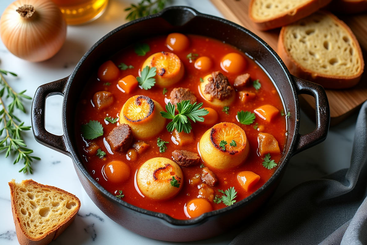 Ingrédients pour la carbonade flamande sur un plan de travail
