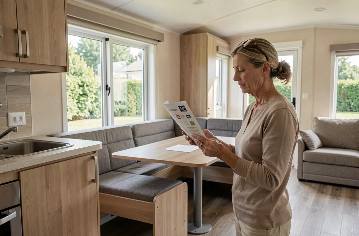 Intérieur d'un mobil-home moderne avec cuisine équipée et espace de vie, idéal pour comparer les marques avant achat