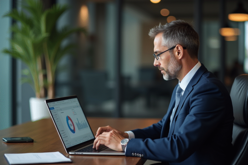 Homme d'affaires en costume bleu analysant un tableau CRM