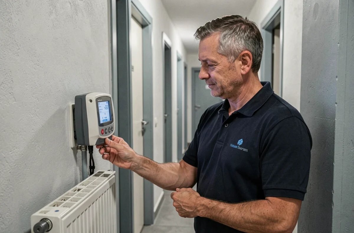 Technicien ista Tours relevant des données sur un répartiteur de frais de chauffage dans un immeuble collectif