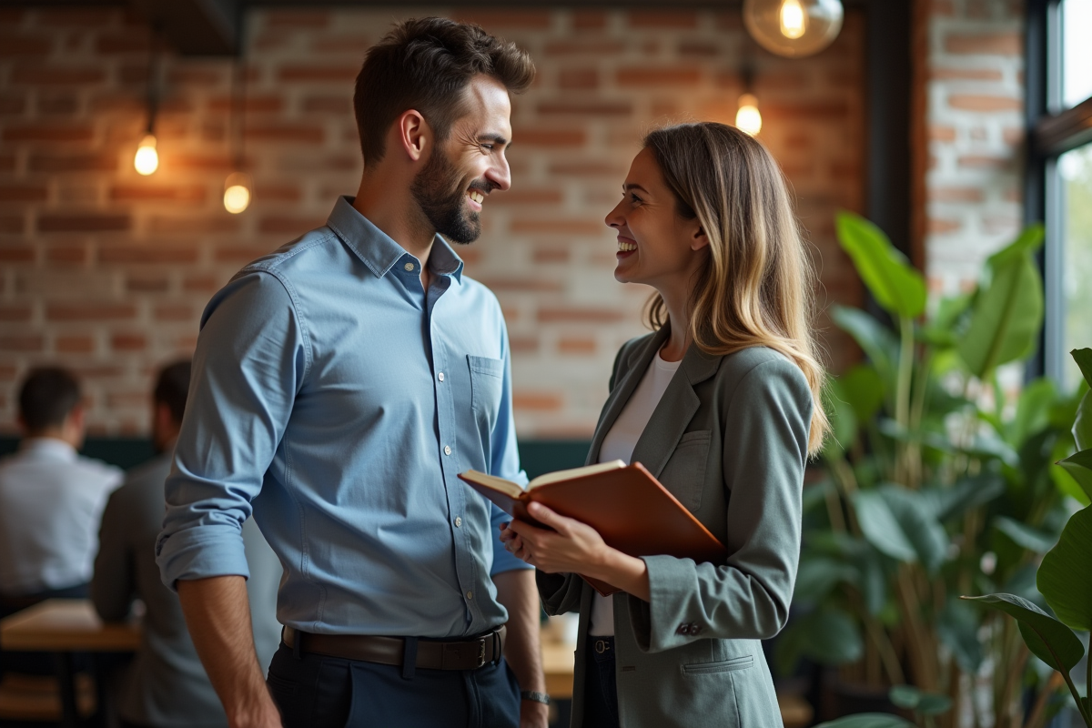Jeune entrepreneur souriant avec une investisseuse dans un café