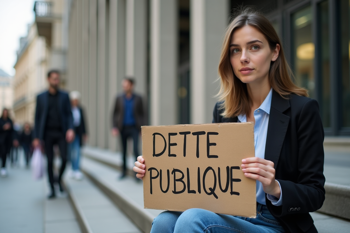 Jeune femme française avec panneau dette publique dans la ville