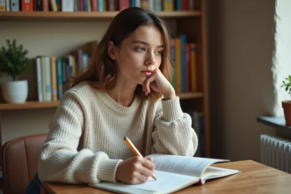Jeune femme concentrée à étudier un livre de grammaire française