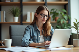 Jeune femme en bureau moderne travaillant sur son ordinateur