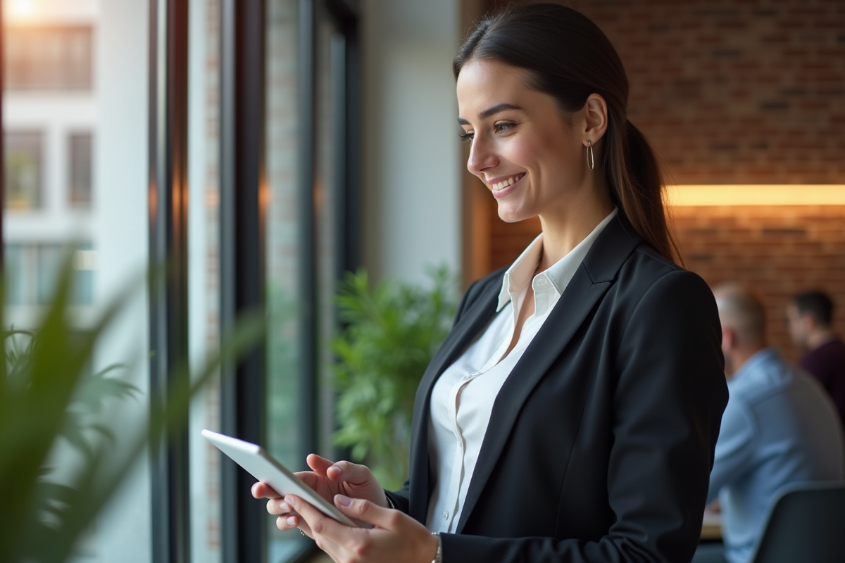 Jeune femme professionnelle utilisant une tablette dans un espace de coworking