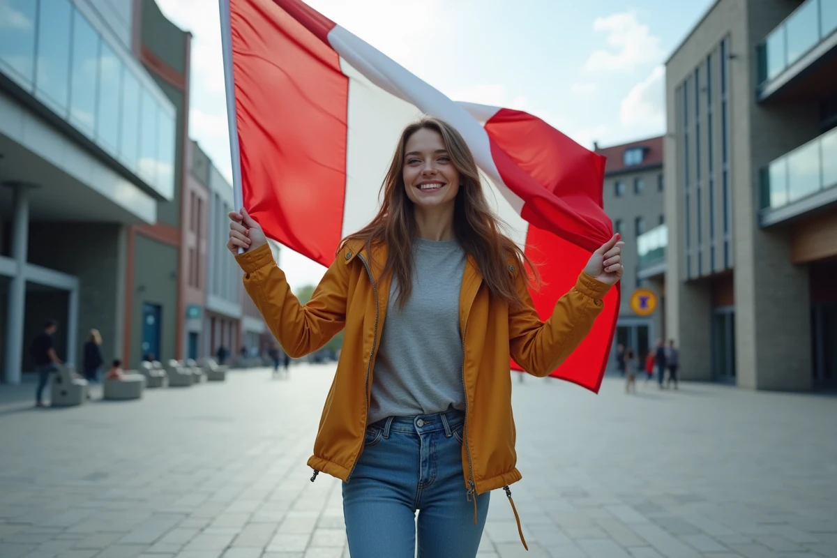 Jeune femme déployant drapeau breton moderne en ville