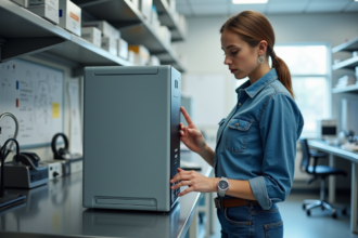 Étudiante en ingénierie inspectant une grande batterie en laboratoire