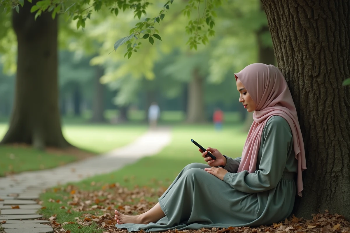 Jeune femme en hijab écoute audio dans un parc