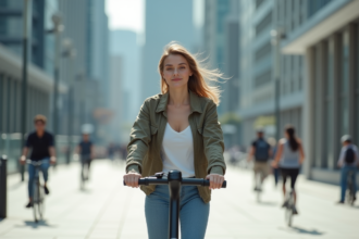 Jeune femme en ville sur un scooter électrique moderne
