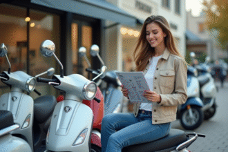 Jeune femme souriante assise sur des scooters en ville