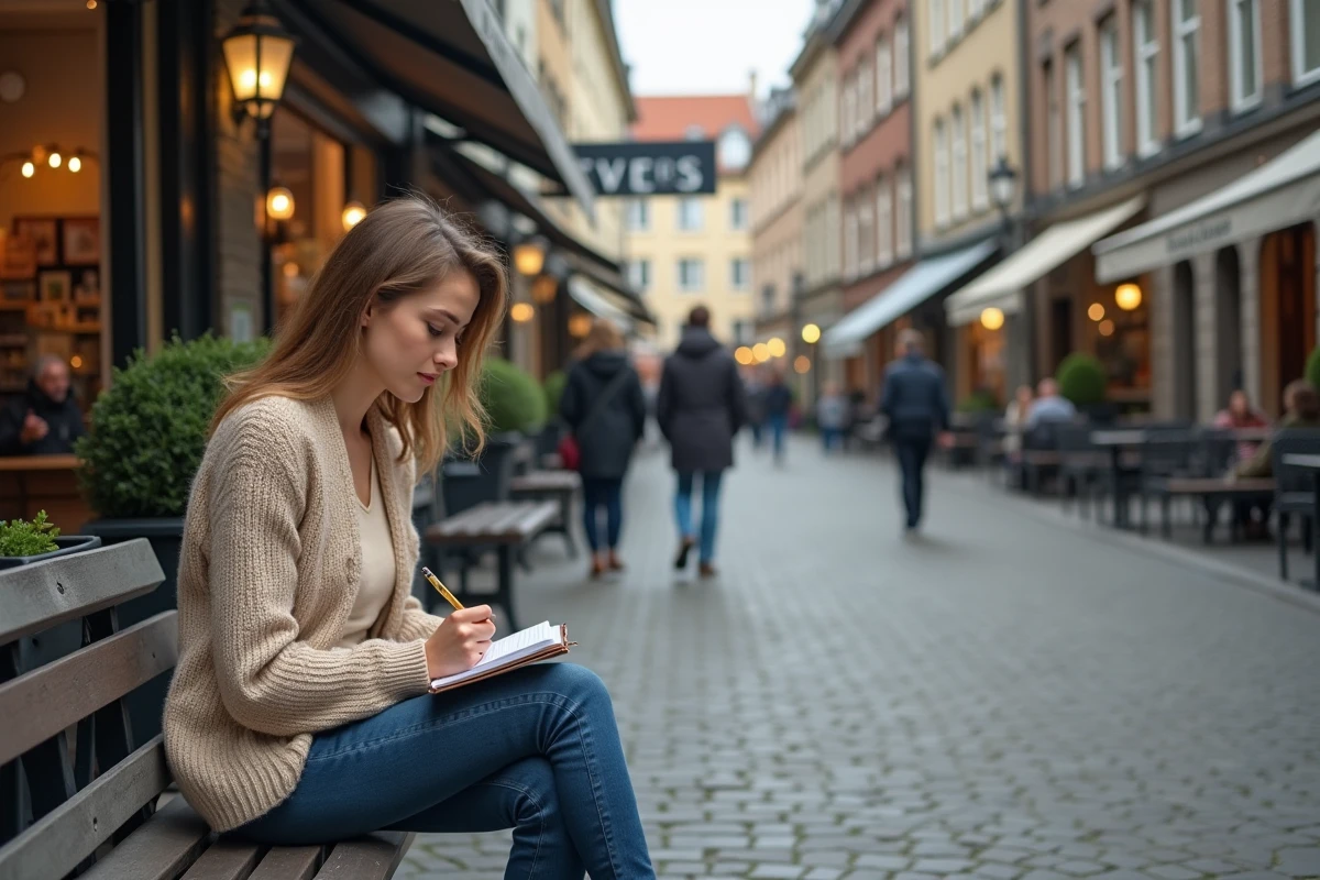 Jeune femme belge note devant un panneau de ville