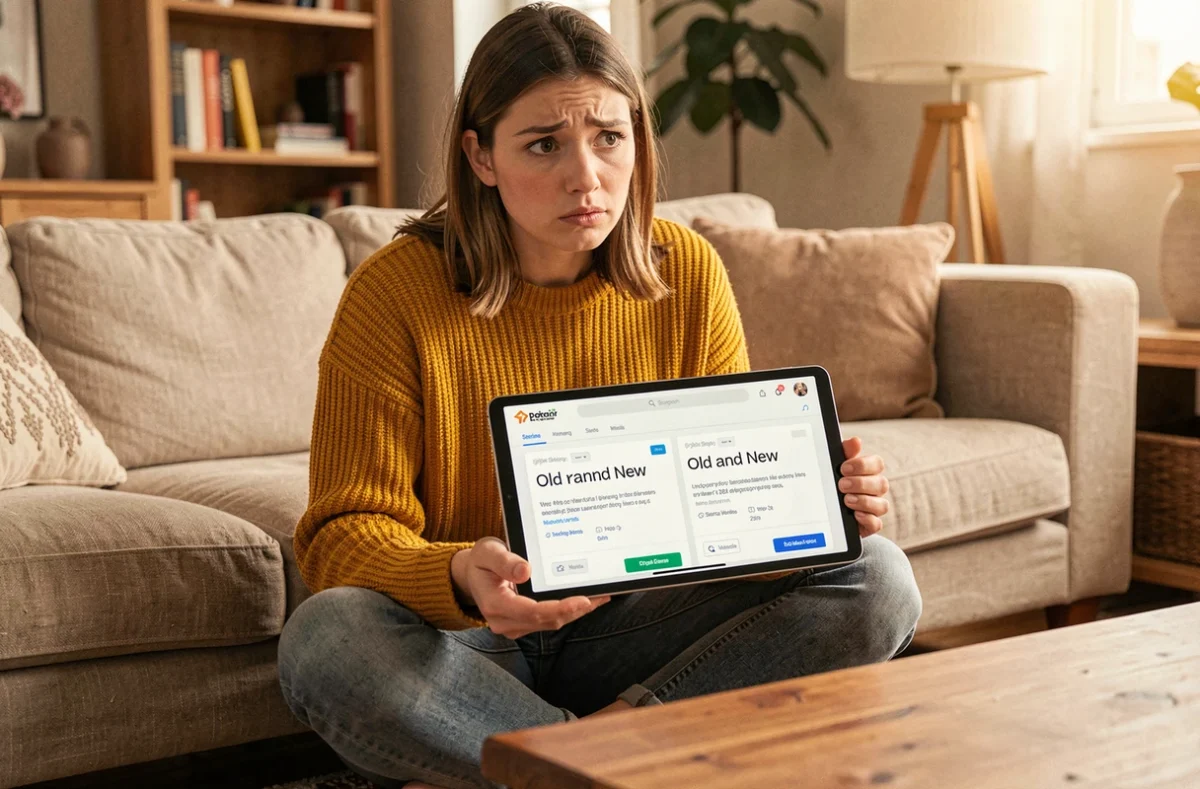 Jeune femme sur un canapé consultant une tablette pour retrouver une plateforme après son changement de nom