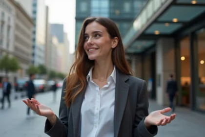 Jeune femme en ville dans un quartier moderne et dynamique