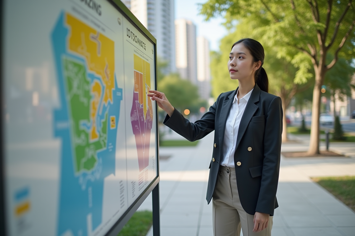 Jeune femme responsable pointant le plan de zonage urbain