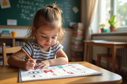 Jeune fille en classe concentrée sur son cahier d alphabet